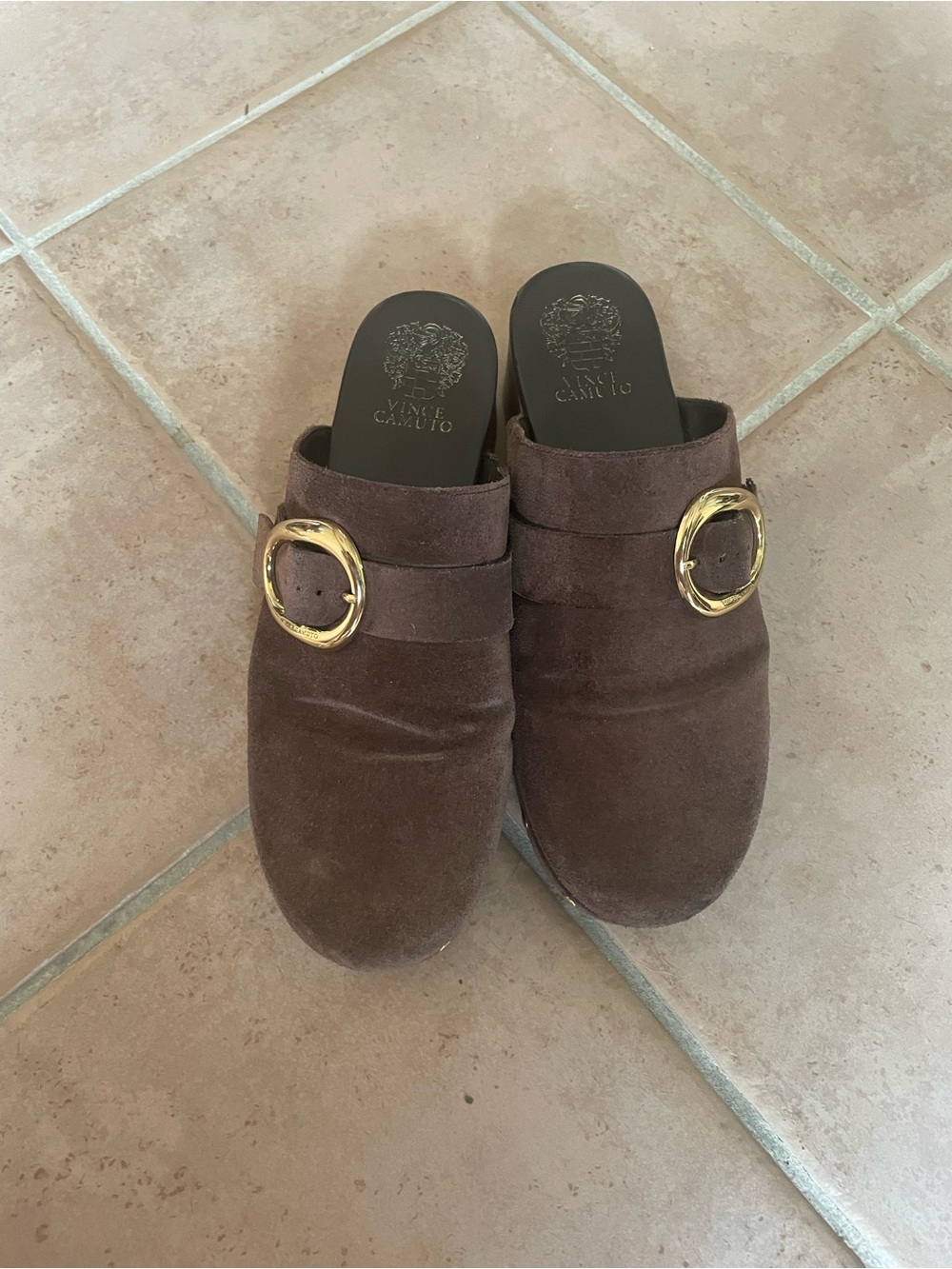 Vince Camuto Chocolate Suede Slip-On Mules with Gold Buckle